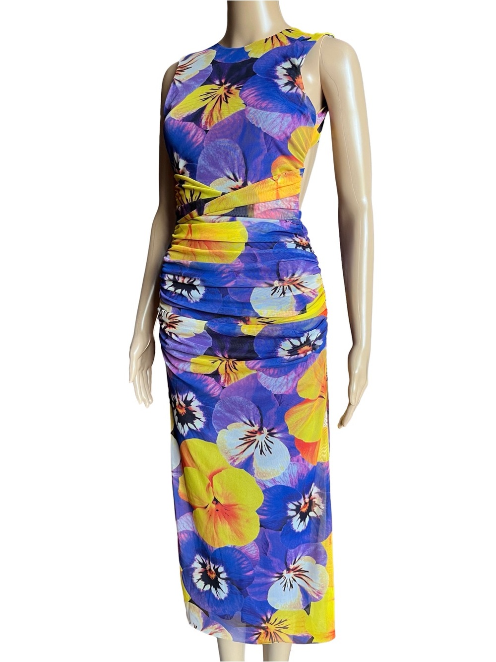 Zara Floral Ruched Tulle Midi Dress Open Back Mesh Bodycon S